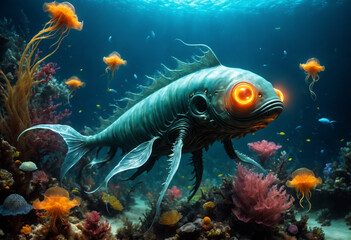 Creatures in the deep ocean. Generative AI
