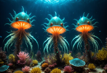 Fototapeta na wymiar Creatures in the deep ocean. Generative AI