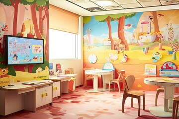 Promoting Healthy Habits: Smiling Children Receive Gentle Dental Care in a Cheerful Dental Clinic with Colorful Posters and Interactive Displays, generative AI