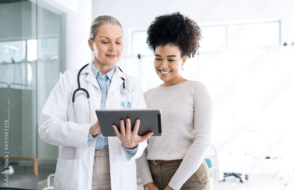 Poster Woman doctor, medical results and tablet at hospital with patient discussion and surgery info. Wellness advice, technology and mature female professional with healthcare, consulting and talking