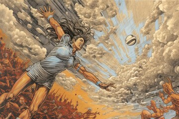 Dynamic Volleyball Illustration: A Riveting Depiction of Diving and Spiking in an Intense Match, generative AI