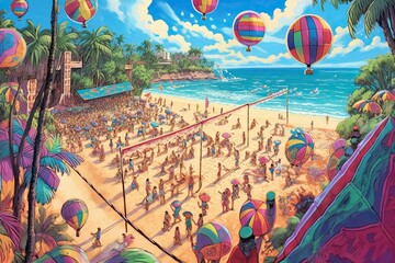 Exhilarating Beach Volleyball Tournament: Diving, Spiking, and Spectators�A Vibrant Display, generative AI