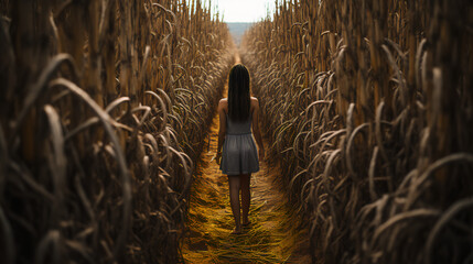 Halloween - corn maze - scary - spooky - girl walking through maze - golden hour - advertisement 