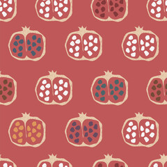 Red seamless background. Hand drawn stylized pomegranates.