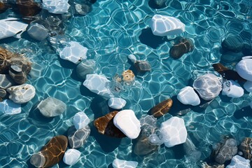 White pebbles on the surface of water in the pool. Underwater panorama of the sea with stones and ice floes. Stones on the surface of the water in the pool. Nature background.
