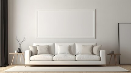 modern living room with white sofa and an empty wall frame