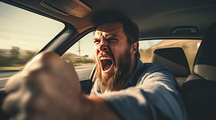 Close-up of an angry male driver yelling at other drivers.