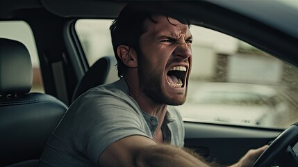 Close-up of an angry male driver yelling at other drivers.