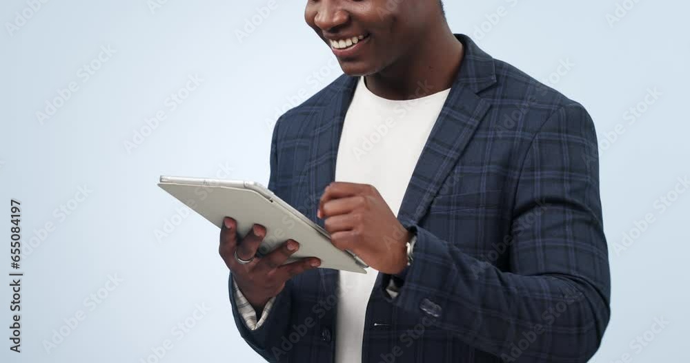 Poster happy businessman, hands and tablet in social media, research or communication against a studio back