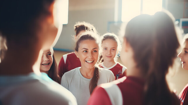 Female volleyball coach talking to student on training - Powered by Adobe