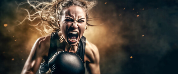 Fototapeta na wymiar A woman in boxing gloves attacks and screams with an angry expression on her face. Banner.