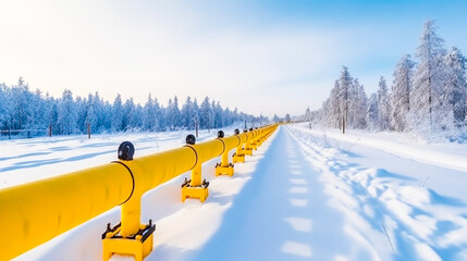 Yellow gas pipeline in snow winter landscape, pressurized hydrogen transport