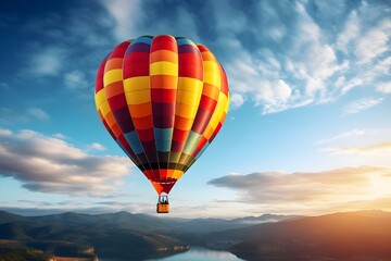 A mesmerizing shot of a vibrant hot air balloon taking flight against a clear sky.