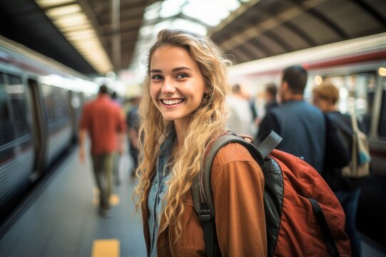 A young woman traveler walking with luggage at a busy train station