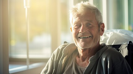 Elderly man smiling happily looking at camera on hospital wheelchair