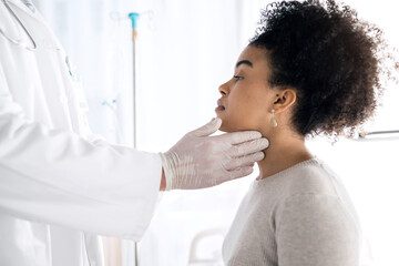 Doctor hands, people and check neck, examine throat or help with vocal injury, tonsils or lymph...