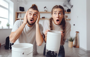 There is a flood in the apartment, water is dripping from the roof into buckets. A young couple looks at the ceiling in shock. Flood concept. The roof is leaking, a pipe has burst in the house. - obrazy, fototapety, plakaty