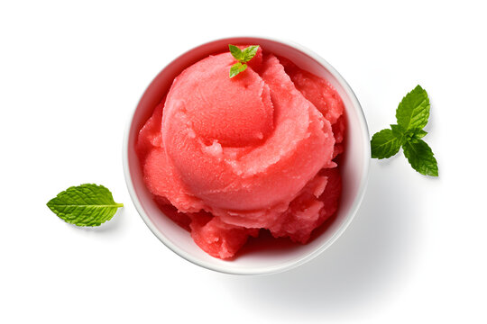 Bowl of watermelon sorbet isolated on white