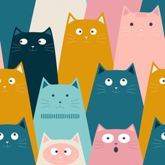 The different emotions of whimsical cute cats of different colors create a seamless pattern for modern fabrics. 