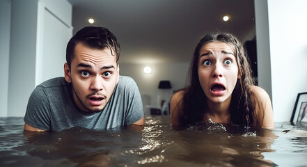 There is a flood in the apartment. A young couple in shock stands in an apartment waist-deep in water. Flood concept. The roof is leaking, a pipe has burst in the house. - obrazy, fototapety, plakaty