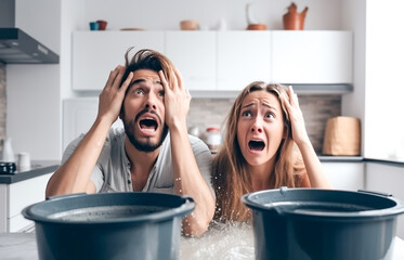 There is a flood in the apartment, water is dripping from the roof into buckets. A young couple looks at the ceiling in shock. Flood concept. The roof is leaking, a pipe has burst in the house.