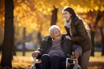 Happy daughter pushing senior man in wheelchair outdoor in autumn park - obrazy, fototapety, plakaty