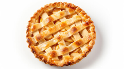 Slice of Home: Top-Down View of Premium Apple Pie with Glazed Caramel on Isolated Clean White Background