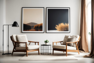 Two armchairs in room with white wall and big frame poster on it. Scandinavian style