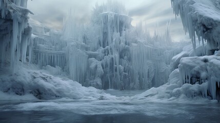 A frozen waterfall with intricate ice formations, creating a stunning centerpiece in a winter...