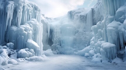 A magnificent focal point in a winter wonderland is a frozen waterfall with exquisite ice formations.