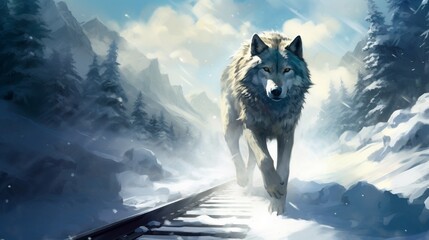 A lone wolf traversing a snowy wilderness, leaving tracks behind as it moves through the untouched winter terrain.