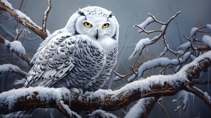 On a tree branch, a majestic snowy owl was perched, its piercing eyes scanning the icy scene below.