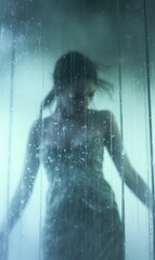 A woman in a white dress standing in the rain behind a foggy glass. Generative AI.