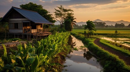Fototapeta na wymiar Small Thai style house In the middle of an agricultural farm Vegetable plot with rice fields Surrounded by a river at sunset