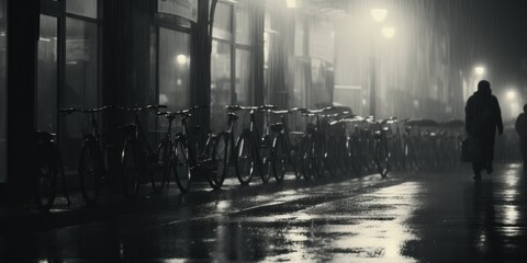 A black and white photo of the city street in the rain. Generative AI.