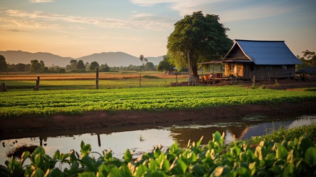 Small Thai style house In the middle of an agricultural farm Vegetable plot with rice fields Surrounded by a river at sunset