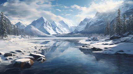 A picturesque winter scene with snow-covered mountains, a frozen lake, and a clear blue sky above.