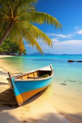 Fototapeta na wymiar Generative AI image of a wooden boat on a beautiful sunny beach