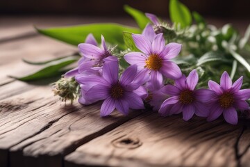 purple flowers on wooden background