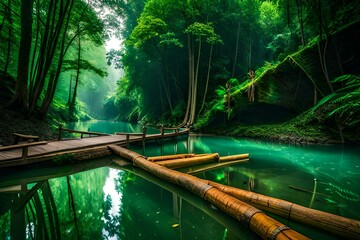 bamboo bridge over water  - obrazy, fototapety, plakaty