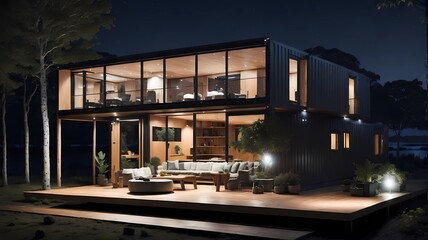 night view of the container house in the forest 