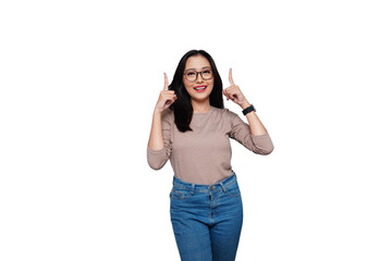 Cheerful Young Asian Woman Pointing Isolated Background