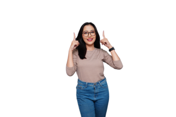 Cheerful Young Asian Woman Pointing Isolated Background