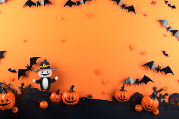 Background for Halloween with tiny pumpkins with ghost faces and bats