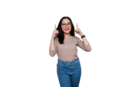 Cheerful Young Asian Woman Pointing Isolated Background