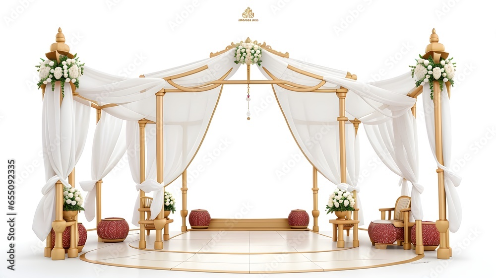 Wall mural 3d wedding or ceremony decoration isolated with white decoration,wedding mandap decoration