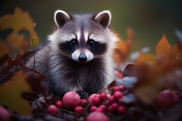 Obraz premium Portrait of cute raccoon animal, berry fruits and autumn leaves in the jungle.