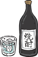 焼酎の入った瓶とグラス