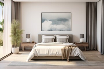 A photo of modern bedroom in gray beige tones 