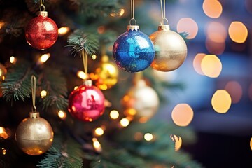 Colorful balls on the Christmas tree on the background of lights. New year Festive Atmosphere concept.